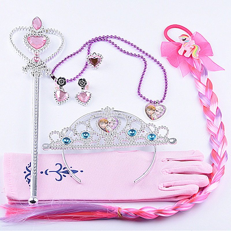 Ice Chic Rim Hair Ornaments Suit Pink Wig Braid Gloves Children Necklace Earrings Ring Crown Magic Wand