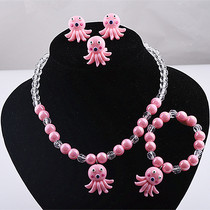 Pink crystal necklace set women beaded cute cartoon octopus dolphin pendant bracelet ring ear clip with accessories