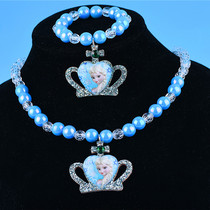 Little Crown Necklace Bracelet Set Ice and Snow Love Princess Blue Pearl Crystal Fashion Pendant Girl Accessories