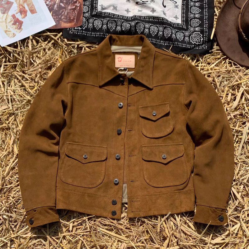 First-Layer Suede Leather Jacket for Men, Oversized Lapel, Replica Rrl Three-Pocket Genuine Leather Jacket, Suede Casual Coat First-Layer Suede Leather Jacket for Men, Oversized Lapel, Replica Rrl Three-Pocket Genuine Leather Jacket, Suede Casual Coat