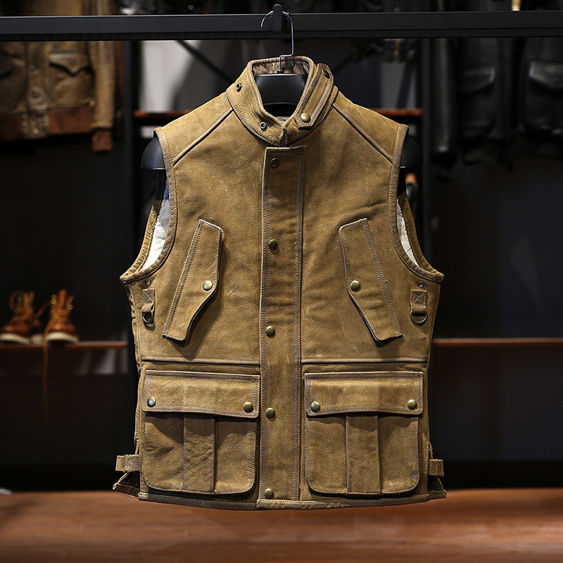 Hunter's Hunting-Style Genuine Leather Vest for Men, Stand Collar, Biker Style, Multi-Pocket, Thickened, Distressed Cowhide, Workwear Slim-Fit Vest