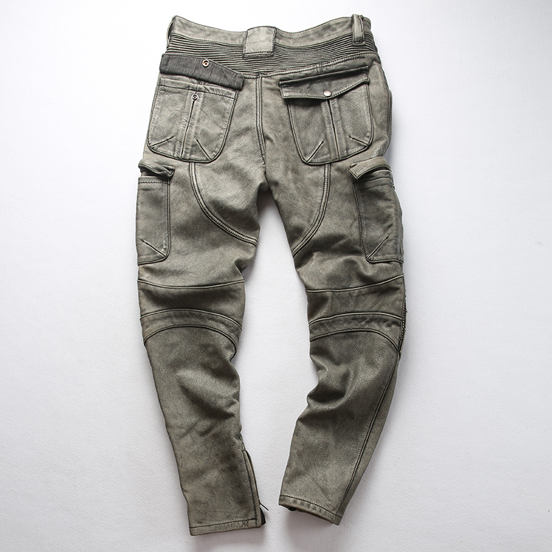 Harei Riding Locomotive Leather Pants Man Genuine Leather Ammeo headlining Cow Leather Tooling Multi-Pocket Bull Leather Pants Man