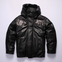 2020 New loose hooded jacket casual men down jacket stitching head layer sheep leather locomotive down leather jacket