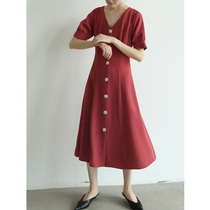 Rose vintage gentle V-neck dress womens wisdom smoked skirt French Platycodon grandiflorum skirt waist knee dress chic