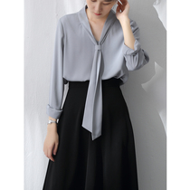 SS STUDIO early autumn commuter blue shirt female design sense niche V collar streamer fold wear professional top