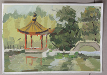Hand-painted gouache landscape painting Anhui Hongcun riverside landscape painting 8 open Jiangxi Wuyuan forest spring landscape color sketch