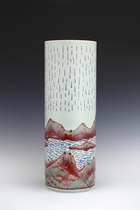 Blue and white glaze in red ceramic quiver umbrella tube flower pattern West Lake listening to rain ceramic art