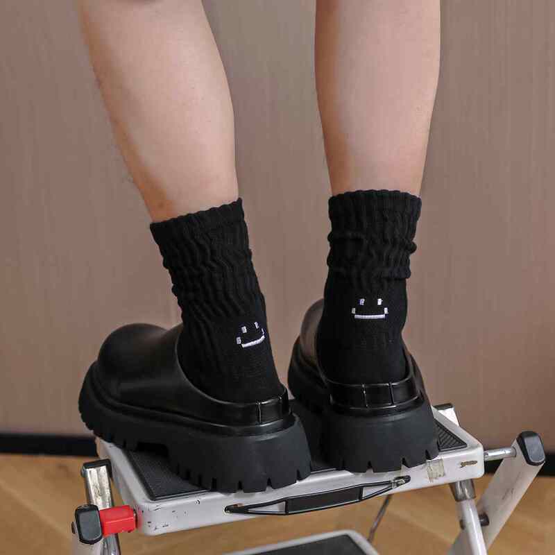 Black Socks for Men, Mid-Calf, Summer Thin Embroidered Smiley Face Slippers, Cotton Long Socks, Trendy High-Top Gray Breathable