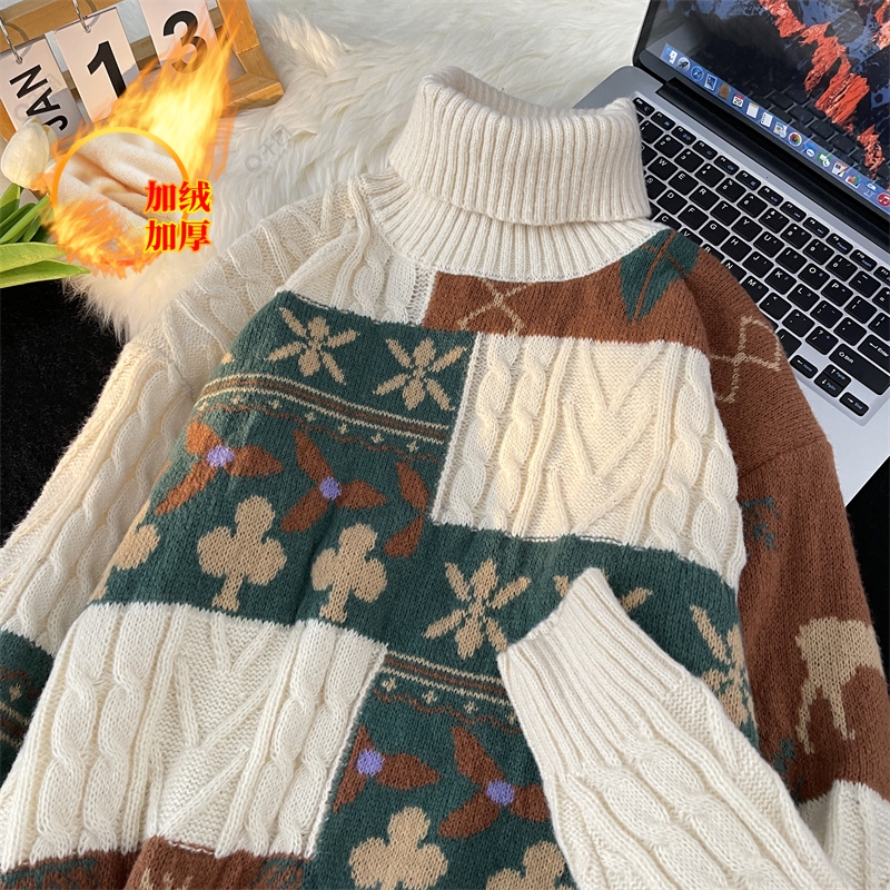 Fleece-Lined Thick Turtleneck Sweater for Women, Vintage Artistic Design, Niche Christmas Couple Knitwear, Warm Knitted Top