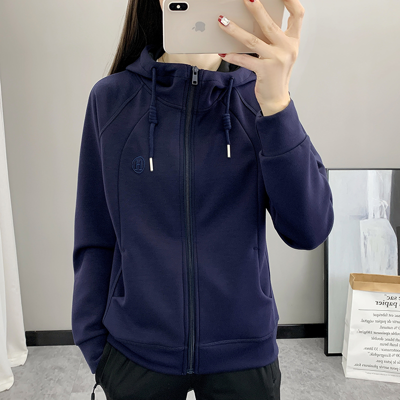 Women's Spring and Autumn Hooded Outdoor Knit Sweatshirt, Loose Casual Sports Zip-Up Jacket, Running Top
