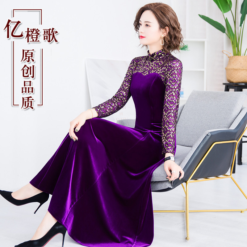 Light Luxury Long Dress with Lace, Elegant for Middle-Aged Mothers, Suitable for Weddings and Banquets, Slimming, Velvet Thin Style for Mother-In-Law