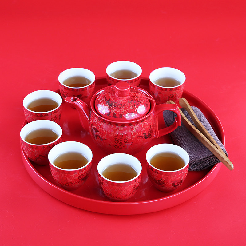 Wedding Tea Set Suit Red Ceramic Dish Large Teapot Chinese Wedding Toast Tea Jug Tea Cup Newlywed Companion Gift-Taobao