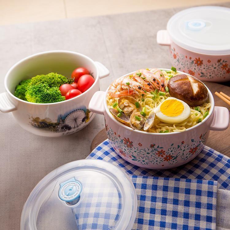 Ceramic Bubble Noodles Bowl Anti-Burn with lid Double ear Ceramic Bowl Cute students Lunch With Bubbling Noodles Bowl Rice Bowl Large Soup Bowl H
