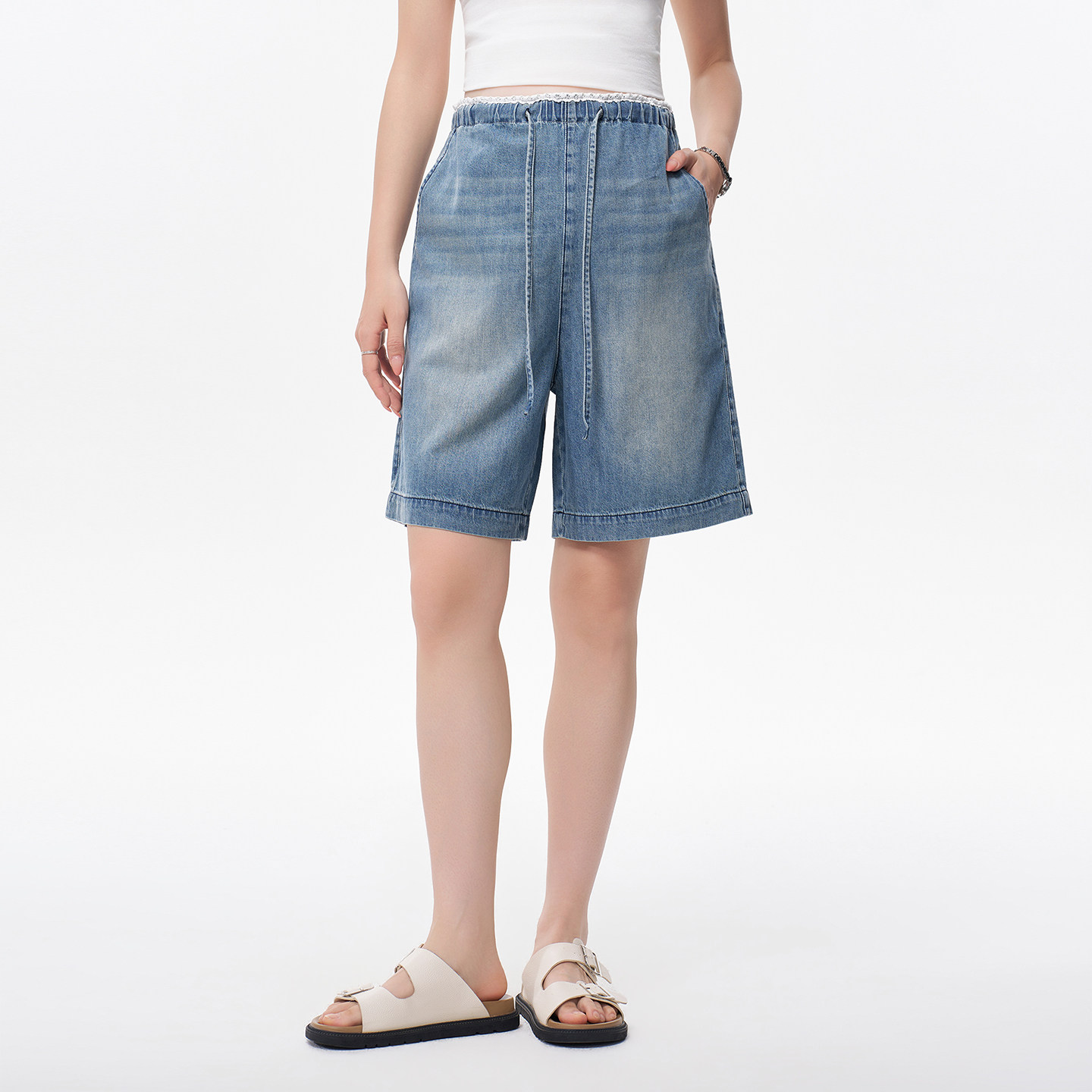 Masanon Maternity Jeans Summer Thin Style Outerwear for Petite Women with Lace Trim Five-Point Shorts Summer Wear 2026 New Model — 5