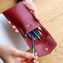 Korea Plepic business temperament luxury solid color leather student office pen bag Portable buckle pen stationery bag
