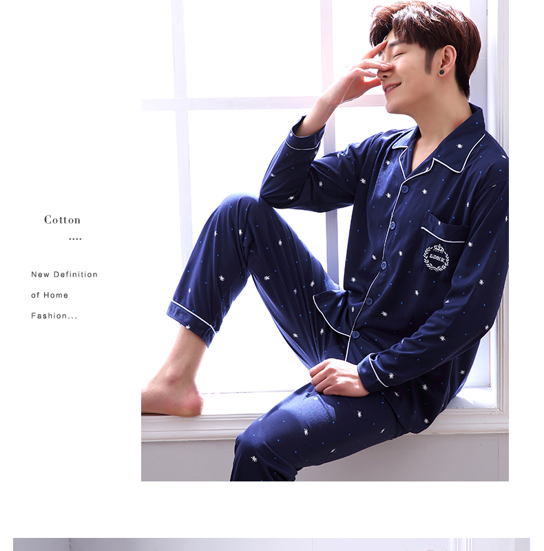 Bộ đồ ngủ nam cotton dài tay mùa xuân và mùa thu phù hợp với kích thước lớn Bộ đồ ngủ nam mùa hè mỏng phần thanh niên cotton lỏng bộ lụa mặc nhà