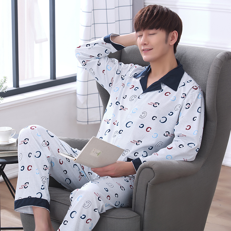 Mens đồ ngủ dài tay áo bông cotton cardigan bộ pajama mỏng bông trung niên bông trẻ nhà quần áo.