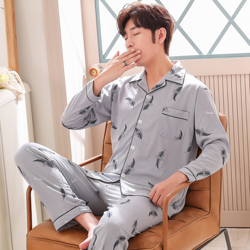 Mens đồ ngủ dài tay áo bông cotton cardigan bộ pajama mỏng bông trung niên bông trẻ nhà quần áo.