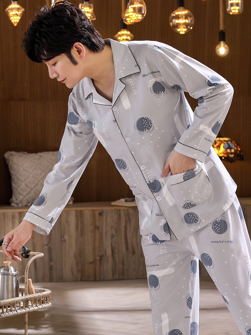 Pajamas men's long-sleeved cotton spring and autumn and winter suit Men's pajamas autumn and winter thin cotton youth and middle-aged home clothes