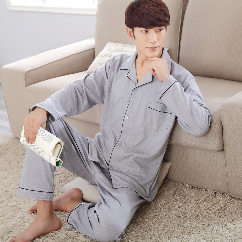 Mens đồ ngủ dài tay áo bông cotton cardigan bộ pajama mỏng bông trung niên bông trẻ nhà quần áo.