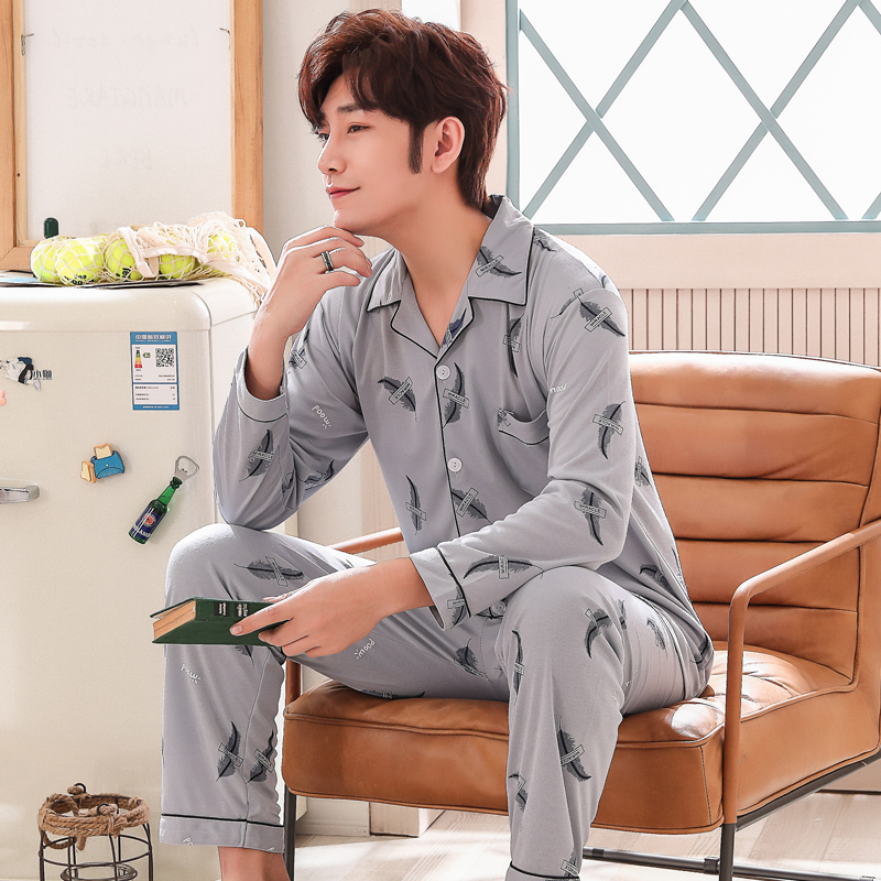 Mens đồ ngủ dài tay áo bông cotton cardigan bộ pajama mỏng bông trung niên bông trẻ nhà quần áo.