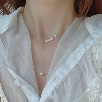 Natural Freshwater Pearl Necklace American 14K Bag Gold Lock Bone Chain Adjustable Sweater Chain Light Lavish Temperament Jewelry Woman