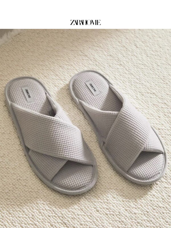 Zarahome Cotton Thin-Soled Slippers, Gray Cross-Strap Open-Back Home Flat Shoes, Slip-On Shoes