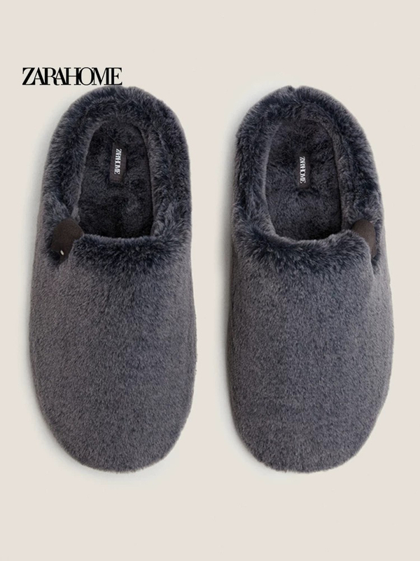 Zarahome Autumn and Winter Faux Rabbit Fur Men's Open-Back Home Casual Slippers Slip-On Shoes House Shoes