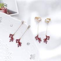 Girl style Japanese cute fun funny stud earrings Retro red hollow small gold fish earrings without ear pierced ear clip female