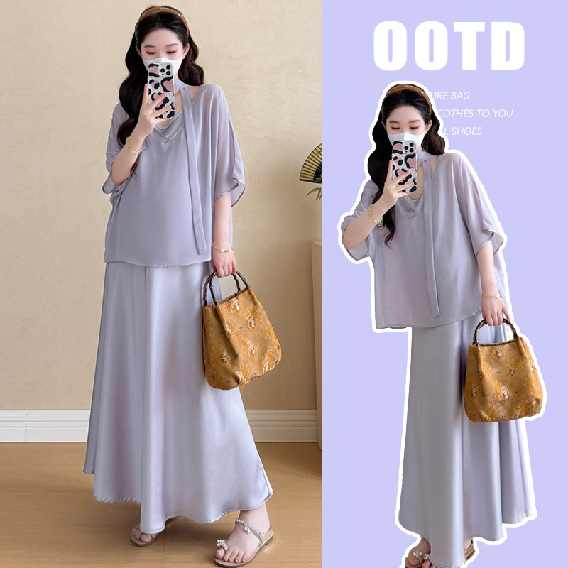Maternity Wear Summer Suit 2026 New Dress Pregnant Mother High-End Outfit Summer Acetate Suspender Skirt Two-Piece Set