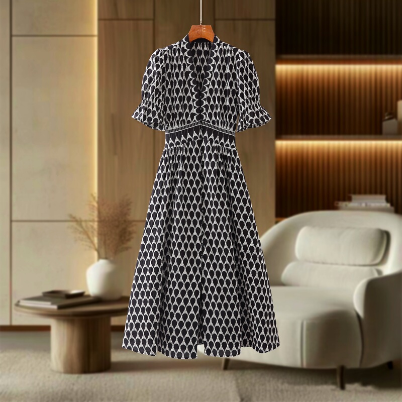 Zld Home Pure Original American Summer New Elegant Black and White Water Drop Lace Embroidery V-Neck Dress 3650