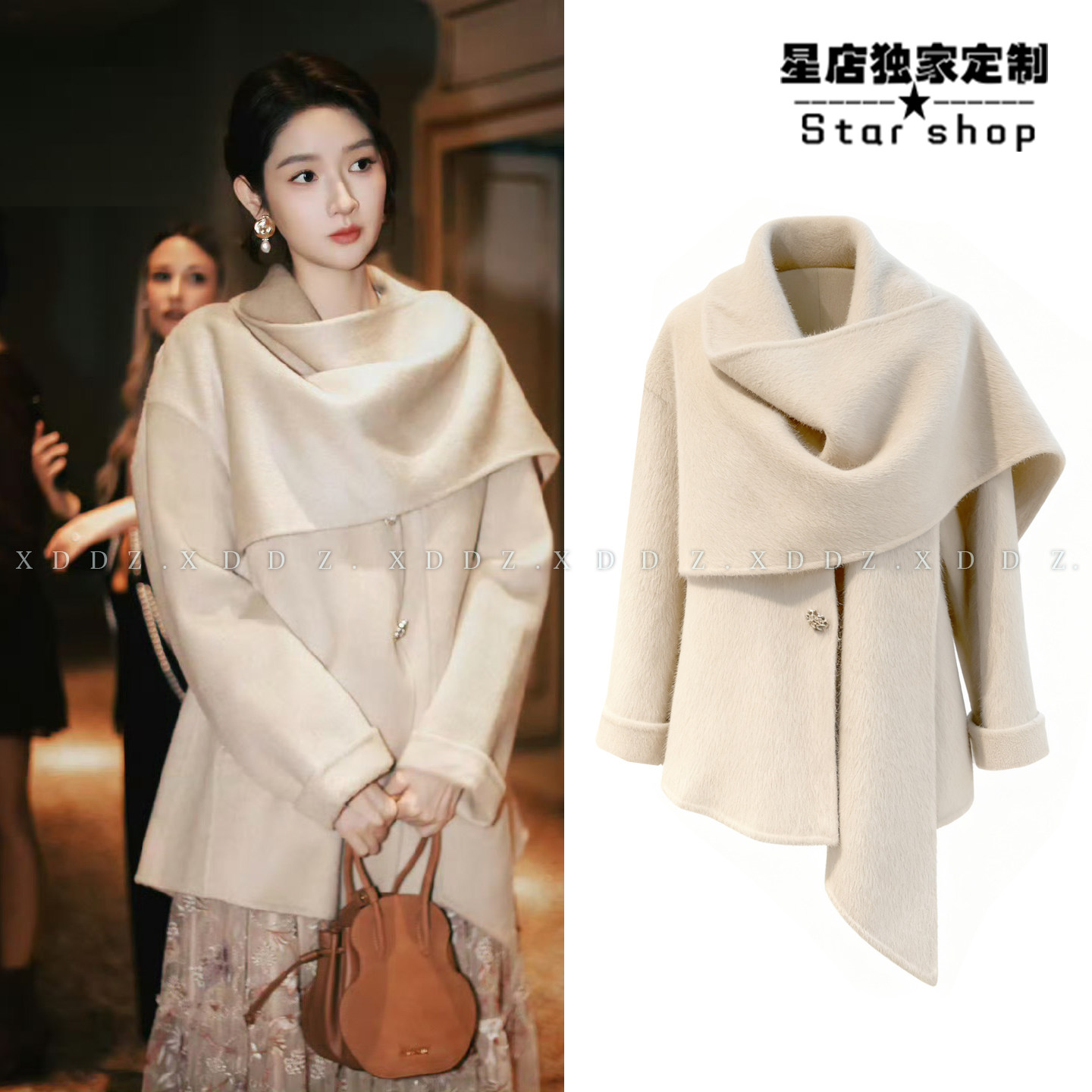 王宇文が身に着けているベージュのキャメル色のウールスカーフ、ショール、そしてウールコートは、洗練された優雅な魅力を醸し出している。