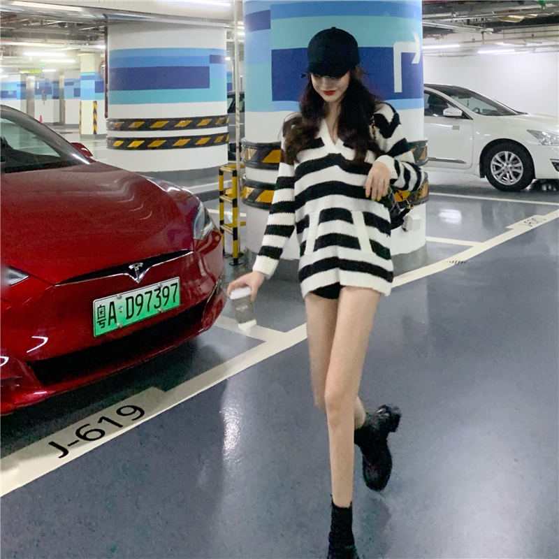 VK旗艦店 韓國慵懶風百搭條紋針織連帽毛衣長袖上衣