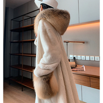  Designer Golden Island fox fur hooded velvet full mink coat female mid-length mink fur grass coat