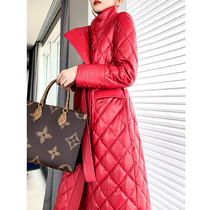  Off-code clearance stand-up collar lace-up sheepskin fur coat Womens mid-length jacket Goose down down jacket leather leather jacket