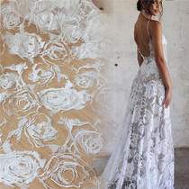 High quality white mesh bottom embroidered rose fabric dress wedding dress bridesmaid high-end dress lace fabric