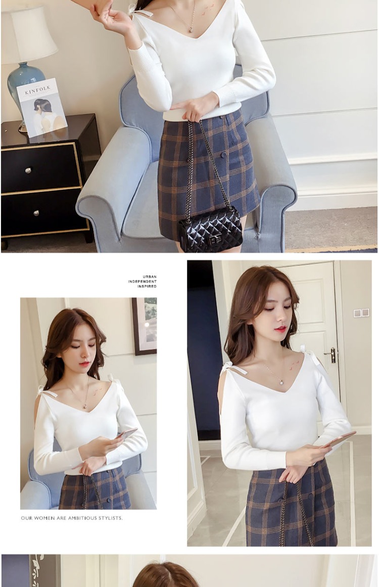 Áo len cổ chữ V lệch vai nữ áo len hở vai có áo len mỏng mùa xuân và mùa thu áo dài tay hoang dã áo khoác len nữ