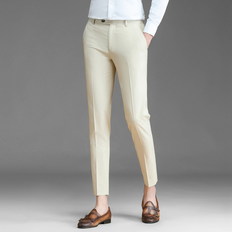 Powo Men's Business Casual Pants, Summer Thin Four-Way Stretch Korean Style Slim Fit Tapered Nine-Point Dress Pants, Light Apricot Color