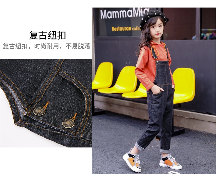 Quần yếm denim nữ mùa thu 2018 mới dành cho trẻ em Hàn Quốc Quần xiêm trong quần lửng ống rộng trẻ em quần jean baggi trẻ em