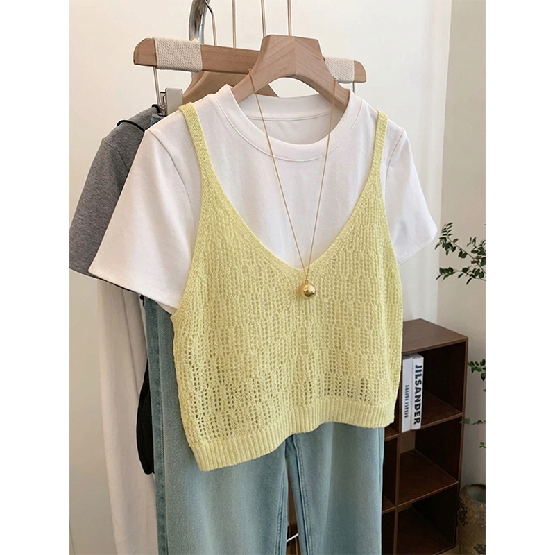 Summer Age-Reducing Yellow Hollow-Out Thin Knitted Camisole for Women, Loose Fit, Layered Short Vest Top for Outerwear Summer Age-Reducing Yellow Hollow-Out Thin Knitted Camisole for Women, Loose Fit, Layered Short Vest Top for Outerwear