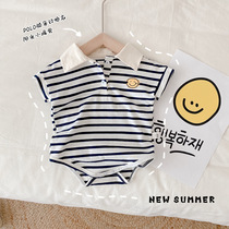 Male baby Ha clothes 2021 summer new smiley striped lapel shirt baby cotton short sleeve triangle climbing suit
