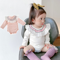 2021 Spring and Autumn New Korean Lotus Collar Baby Jumpsuit Female Baby Long Sleeve Climbing Cotton Ha Clothes