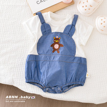 Korean Version Little Bear Baby Short Sleeve One-piece Suit Summer Dress New Fake Two Braces Denim Khae Foreign Air Baby Climbing Suit