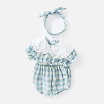 ins fresher checkered doll collar female baby short sleeve khae baby one-piece suit and summer dress new climbing suit bag fart