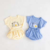 Korean cute fried egg short sleeved bread pants set 2021 summer new baby sleeveless top cotton T-shirt thin