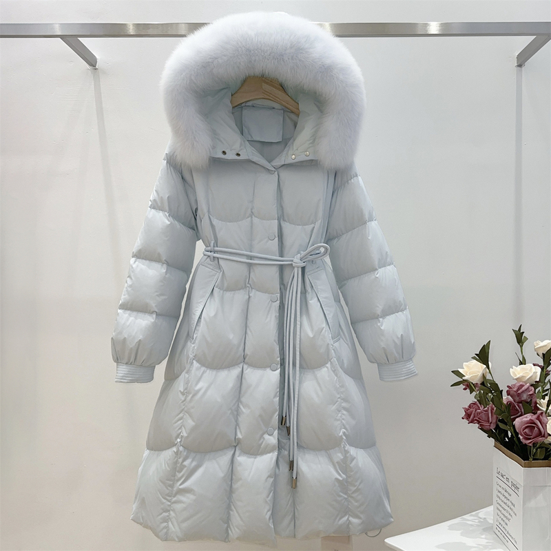 Mid-Length down Jacket for Women, Winter, Super Stylish, Waist-Cinching, Large Fox Fur Collar, Long Over-The-Knee Princess Style, White Duck down Coat