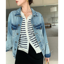 Pumen XUS beautiful knitted embroidery painting autumn retro color denim jacket women loose top