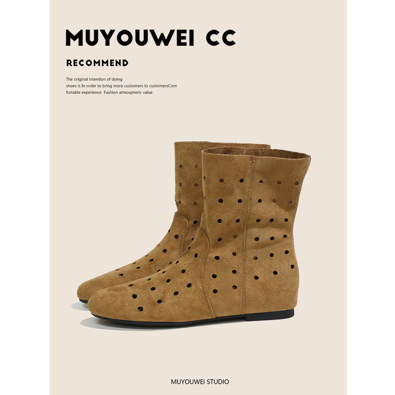 Retro Round-Hole Cut Out Slim Short Boots for Women, Non-Slip Flats Bottom 2026 Style, Slip-On Inner Height-Increasing Holiday Style Western Boots Retro Round-Hole Cut Out Slim Short Boots for Women, Non-Slip Flats Bottom 2026 Style, Slip-On Inner Height-Increasing Holiday Style Western Boots