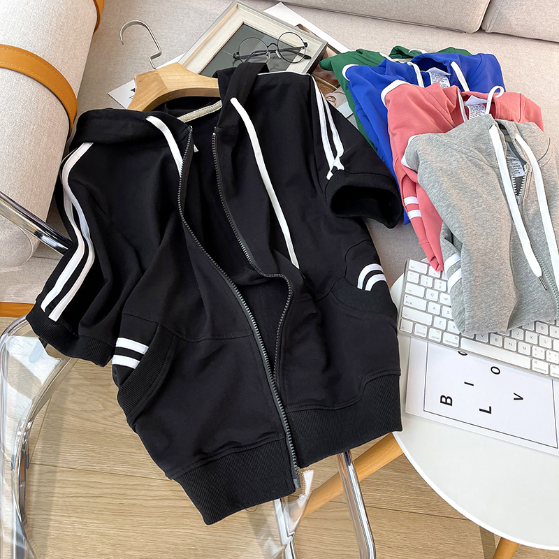 Women's Hooded Short-Sleeved Loose Sweatshirt 2021 Summer New Style Women's Thin Hooded Cardigan Pure Cotton T-Shirt Top