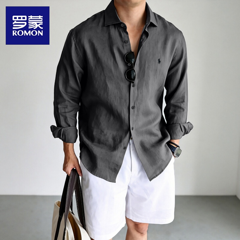 Romon 100% Linen Shirt Men's Long-Sleeved Embroidered Loose Top Relaxed Old Money Style Gray Shirt Men's Summer Romon 100% Linen Shirt Men's Long-Sleeved Embroidered Loose Top Relaxed Old Money Style Gray Shirt Men's Summer